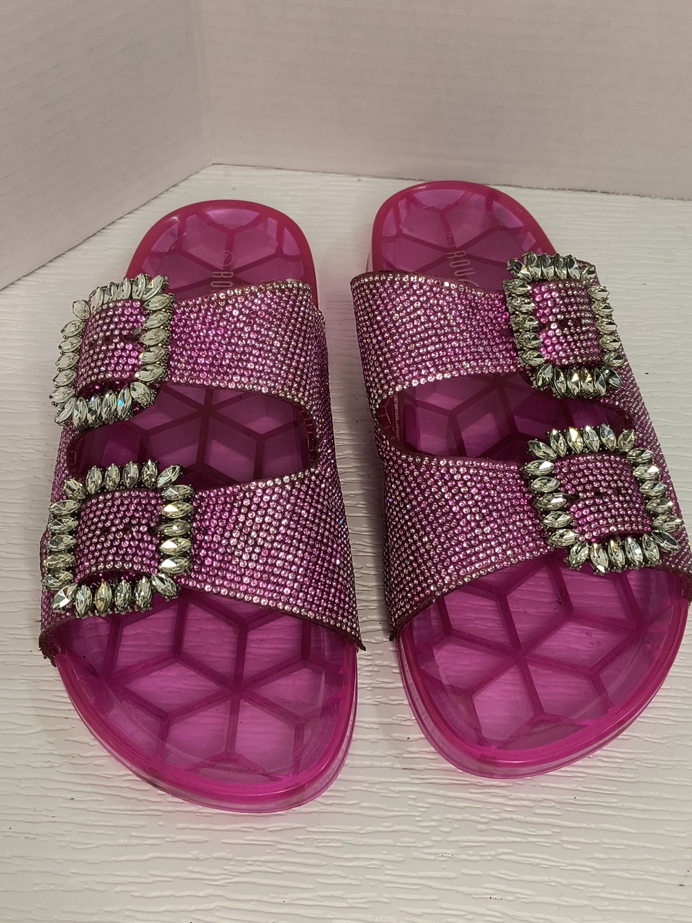 Rouge! Hot Pink Jeweled Double-Buckle Slide Sandals